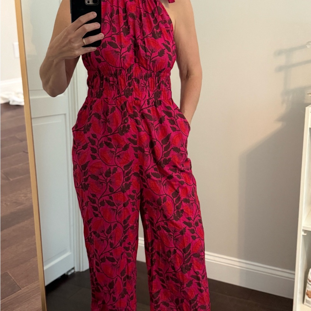 NWT Anthropologie Floral Halter Jumpsuit in Red. Pink and Black
